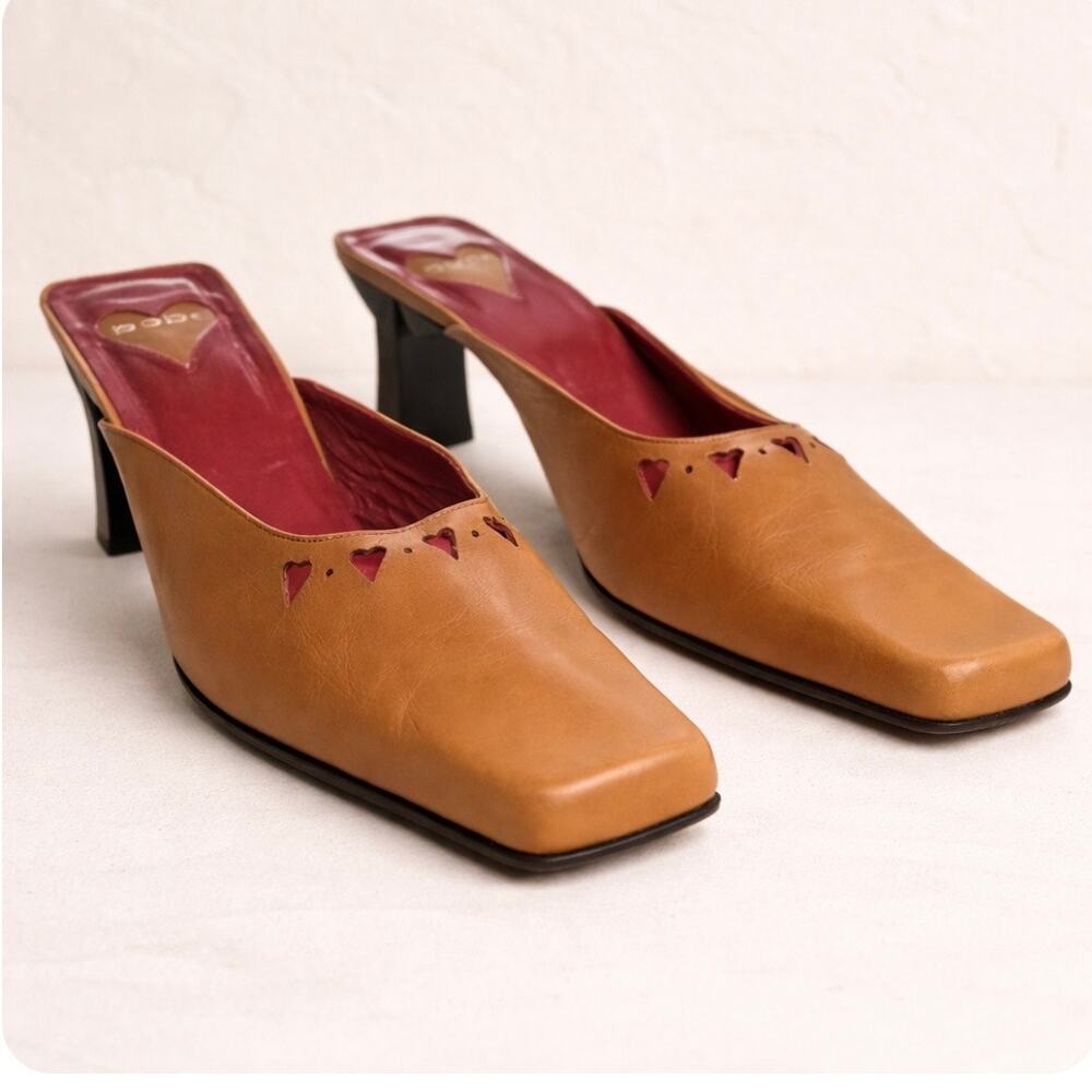 Bebe Y2K Leather Mule Heels Brown Heart Cutout Square Toe Spain 9